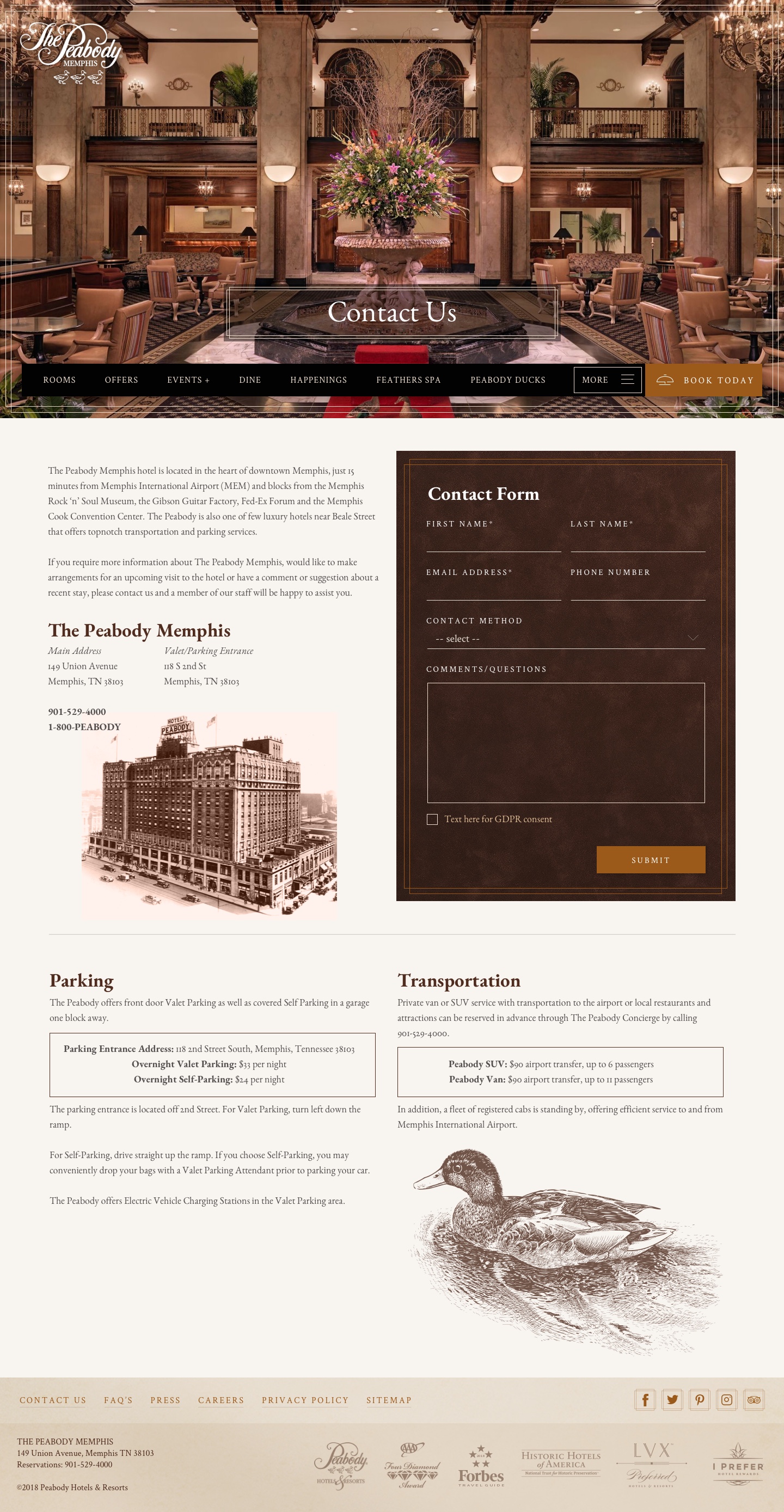 The Peabody Memphis - Contact Page Design